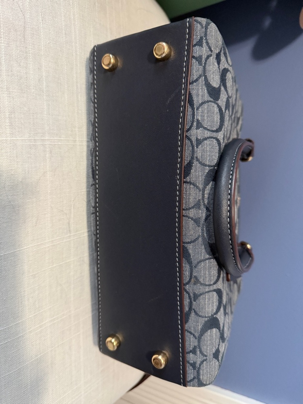 COACH Blue Signature Chambray w/navy trim Darcie Mini Carry-All W/ Gold Hardware - Picture 8 of 8